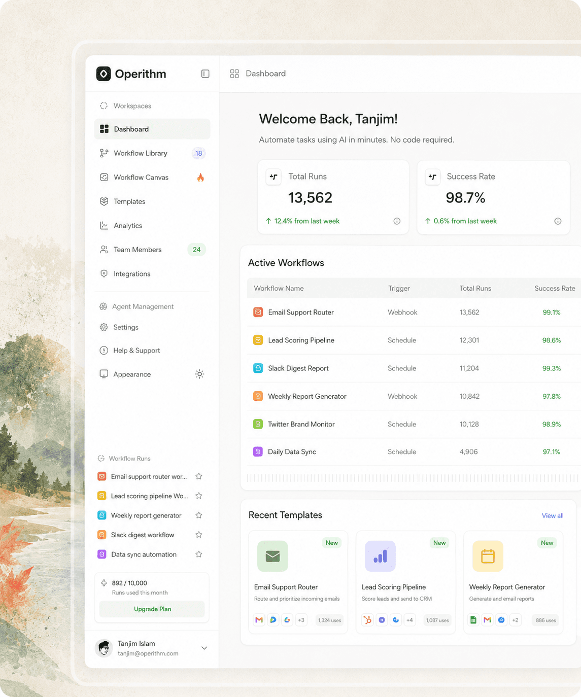 Operithm workflow dashboard showing workflow runs, metrics, and templates