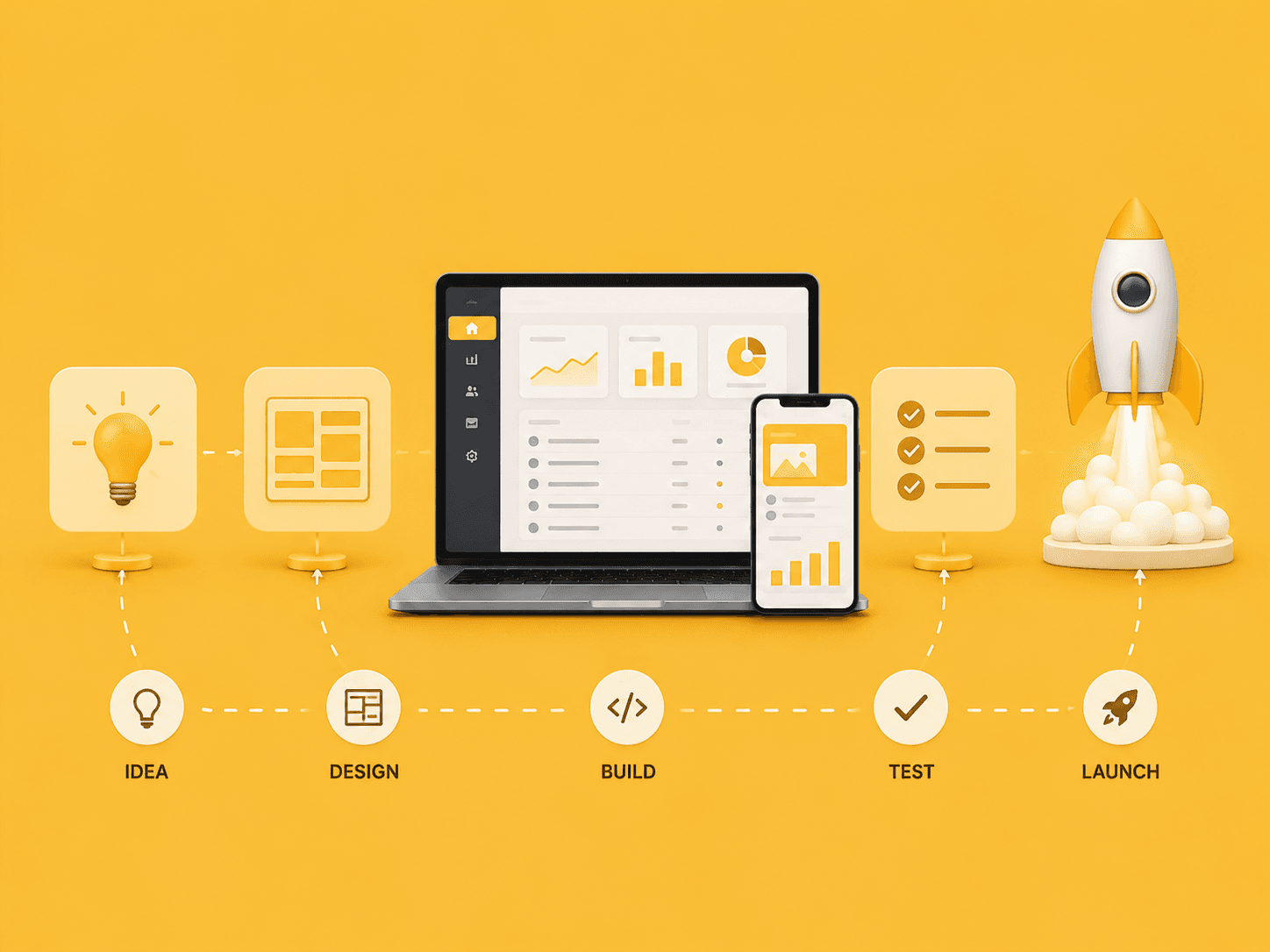 Take the product from an idea to a release people can use. system illustration